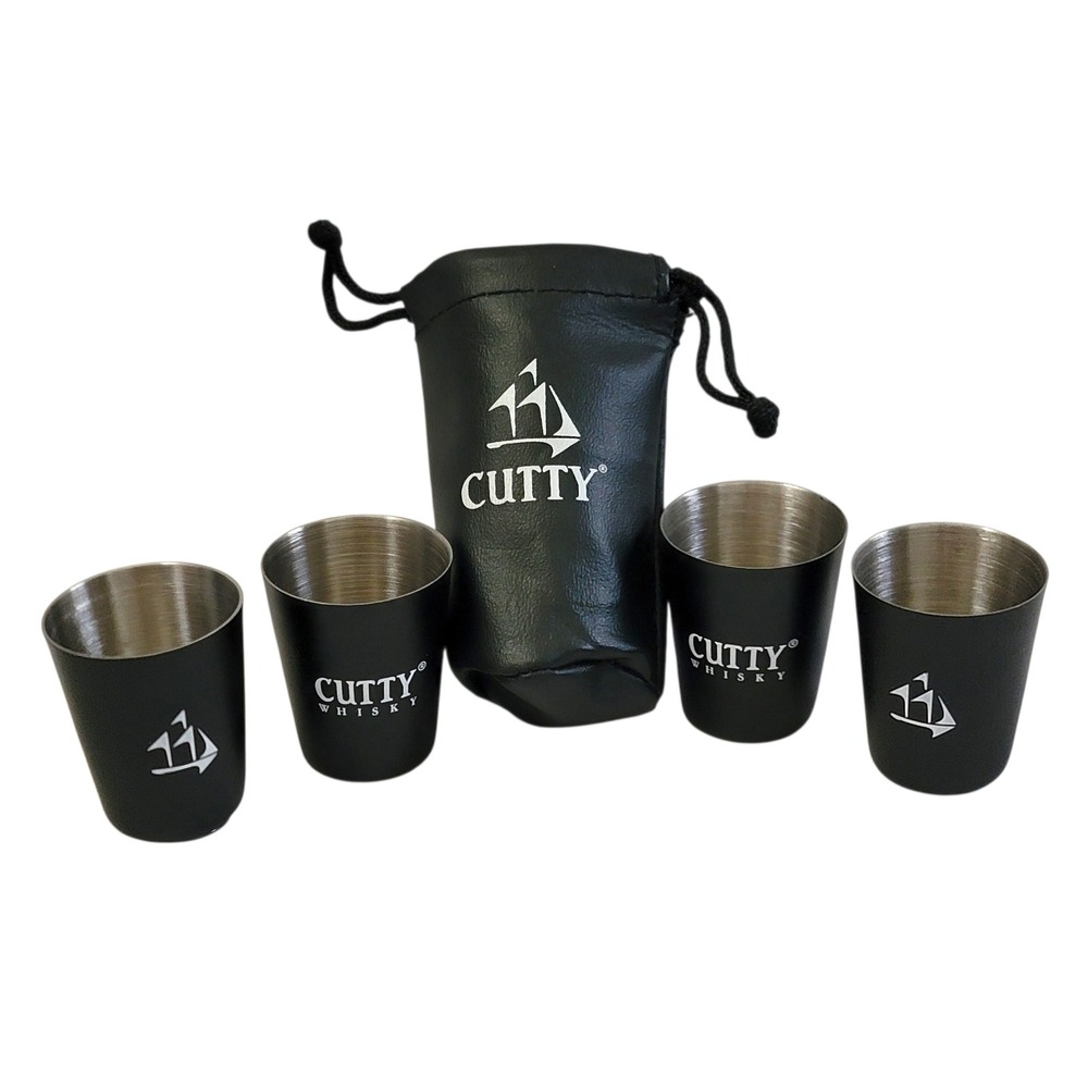 Cutty Sark Whisky Mini Shot Glass Set‎ 4pc Travel Pouch Black Metal Collectible